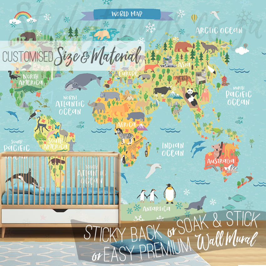 Tailor-Made Kids World Map Mural - Super Easy Kids Map Wallpaper Mural
