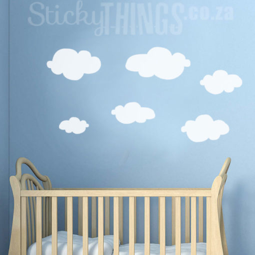 The Clouds Wall Art Decal is 6 different shaped fluffy cloud wall stickers.