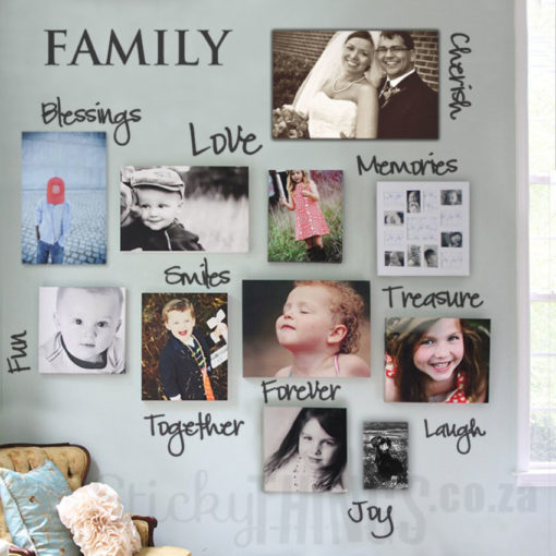 This Words Wall Decal is words like Family, love, treasure, fun etc. and are designed to be placed around family photos on a wall