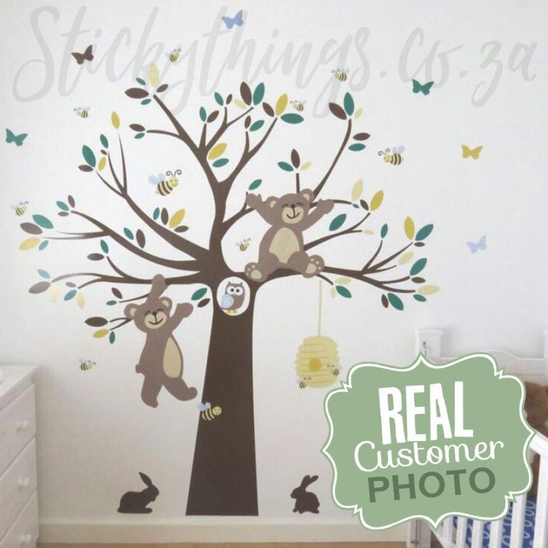 Bear Tree Wall Decal with extra Leaves in Choc chip brown with green/yellow leaves and brown bears