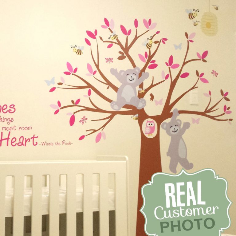 The Bears and the Bees Tree Wall Art in nutmeg brown with grey bears and pink leaves.
