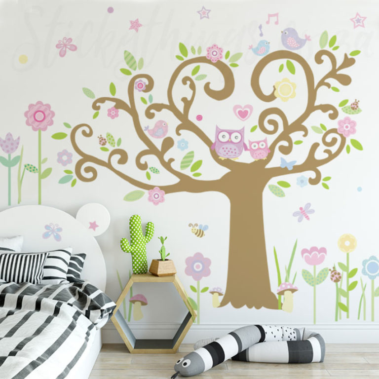 Giant Owl Tree Wall Art in a girls bedroom