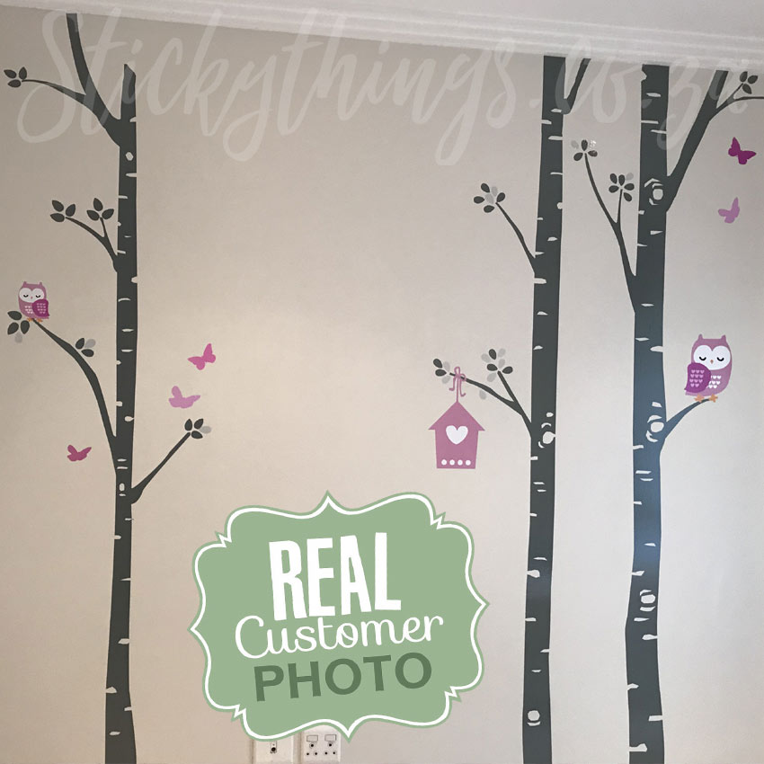 Owl Trees Wall Sticker Cute Grove Birch Tree Decals - Tree Decal Wall Decoration