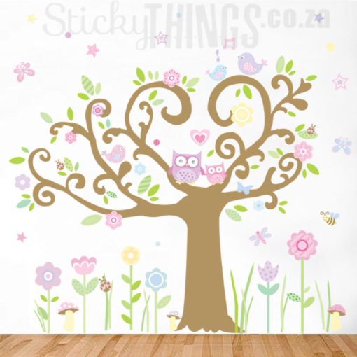 Giant Tree Wall Decal with Pink PurpleOwls