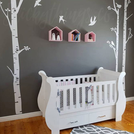 Birch Trees Wall Sticker on a grey wall in a baby room