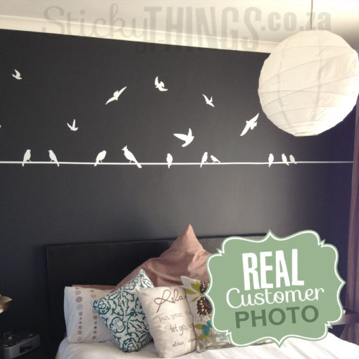 The Birds on a Wire Wall Decal is 2m straight lines with sitting and flying birds all around it.