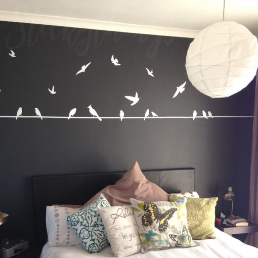 The Birds on a Wire Wall Decal is 2m straight lines with sitting and flying birds all around it.