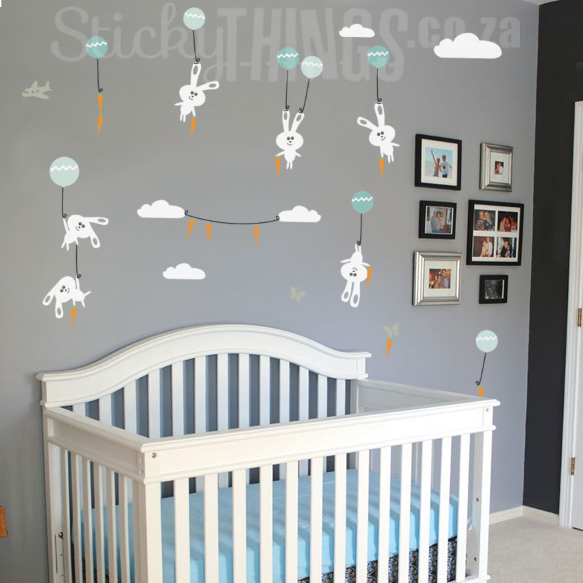 The Bunnies Wall Art Sticker is a 7 bunnies that float down from clouds with balloons attached to their ears. Clouds and carrots as well!