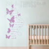 The Butterfly Growth Chart Vinyl Decal is a windy butterfly flight tail with measurement lines up to 1.6m and 7 large butterflies all around the growth chart.