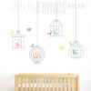 The Cute Bird Cage Vinyl Wall Art is 4 large bord cages with cute pastel coloured birds sitting and flying around the bird cages.