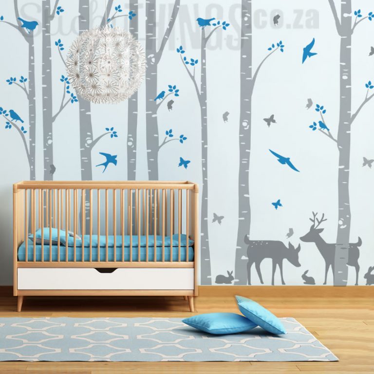 Nursery Wall Decals Birch Forest with 8 trees and 2 deer plus birds and butterflies!