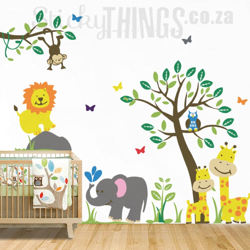 The Safari Jungle Nursery Wall Sticker has an elephant, lion, giraffes, monkey and owl all hanging out around a tree.