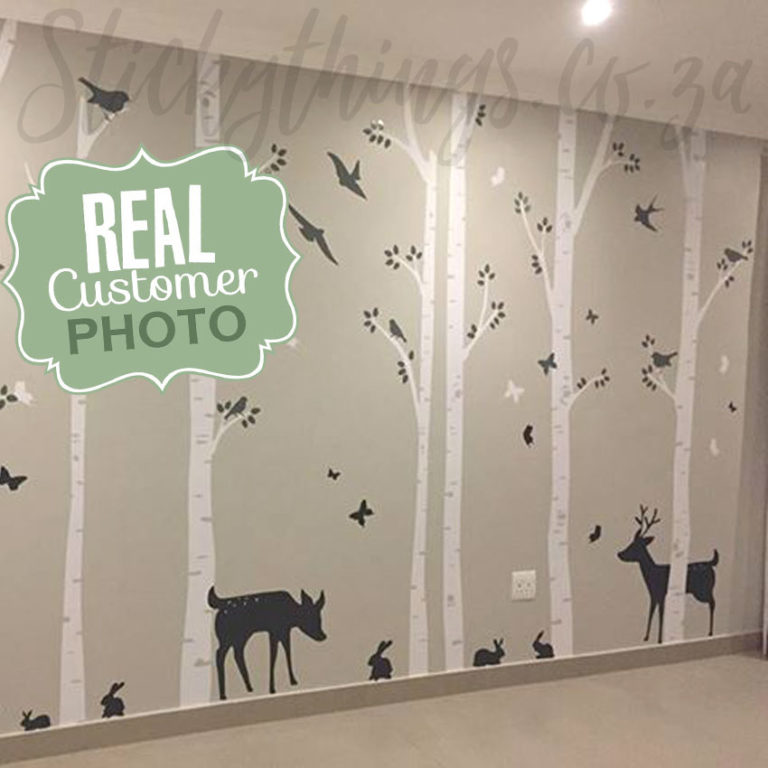 Our 8 Tree Wall Stickers make up the Birch Forest Decal - with bokkies, birds and butterflies.