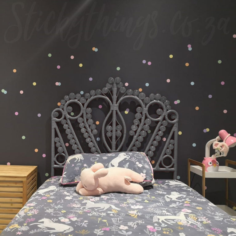 Pastel Confetti Wall Stickers on a charcoal grey wall