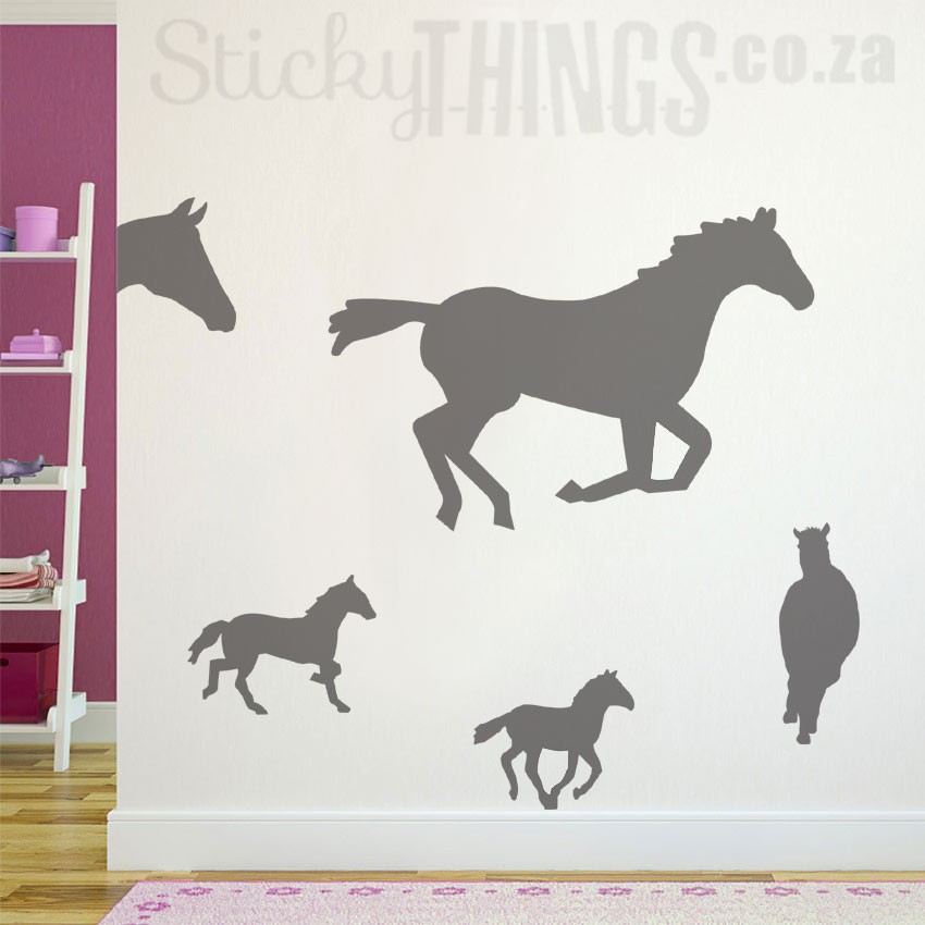 This Horse Wall Vinyl is 5 running horse decals and 1 horse head silhouette wall sticker