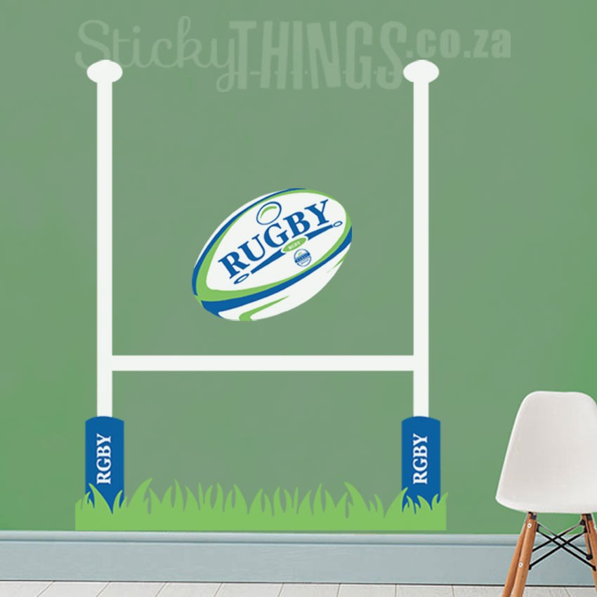 This Rugby Vinyl Wall Decal is a rugby post with grass and pole supports plus a large rugby ball with the word rugby on it.