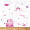 The Princess Castle Wall Art Decal is a large castle in pinks and purples surrounded by a whole lot of princess elements like wands and shoes and hearts and rainbows too!