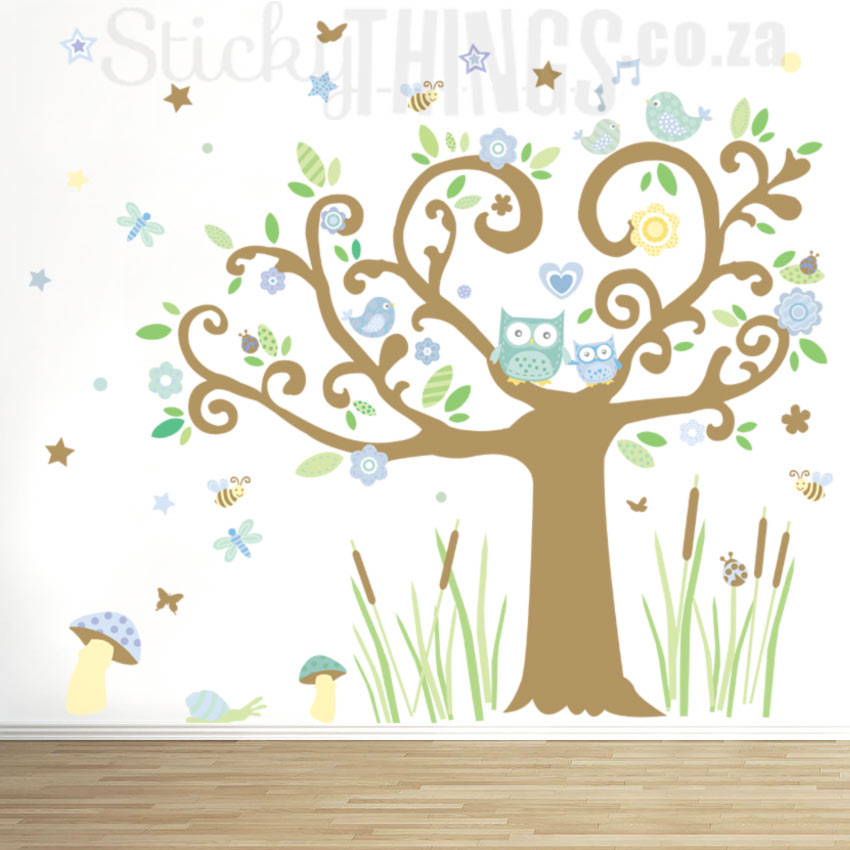 Giant Tree Wall Art with Teal Blue Owls