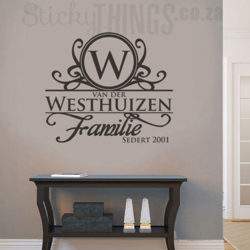 This Afrikaans Surname Wall Art is your personal surname in Afrikaans with an ornate capital letter and the word Familie too.