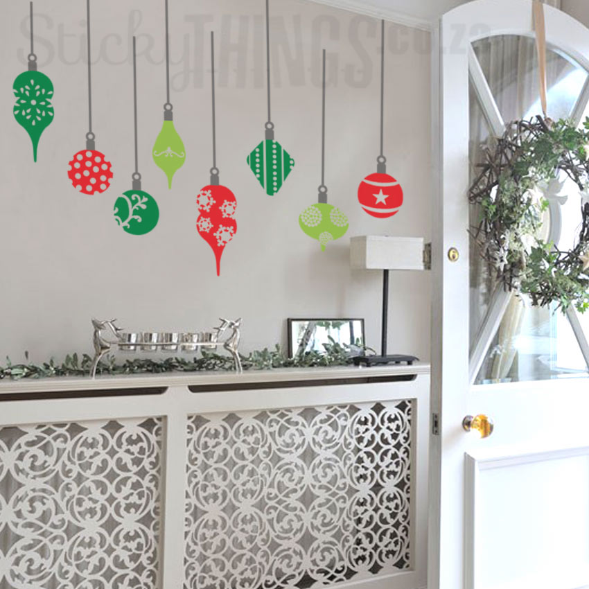 Christmas Decorations Wall Art in grey, lime, green and red