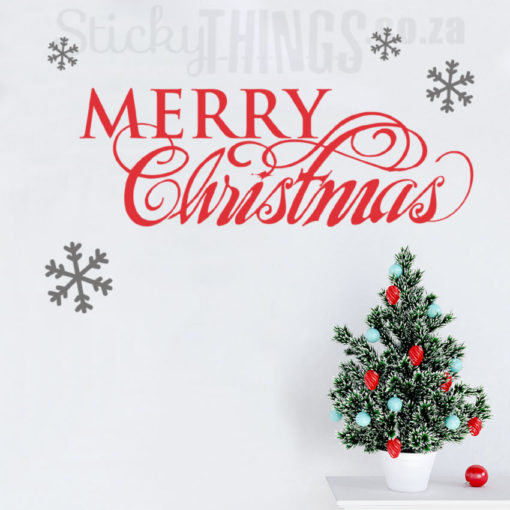 This Christmas Quote Wall Art says Merry Christmas and is surrounded by snowflake decals