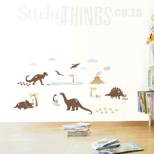 These Dinosaur Wall Decals are 5 large dinosaurs surrounded by vegetation and palm trees and even a volcano!