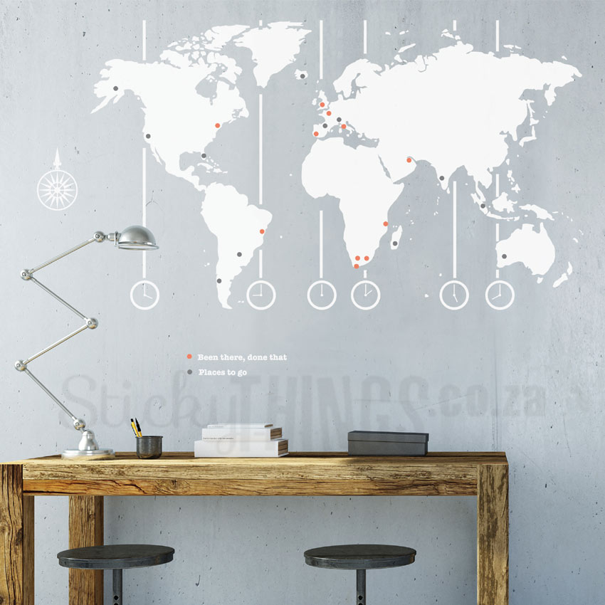 The World Map Decal is a 1m wide world map with time zones, locaton dots and a compass too.