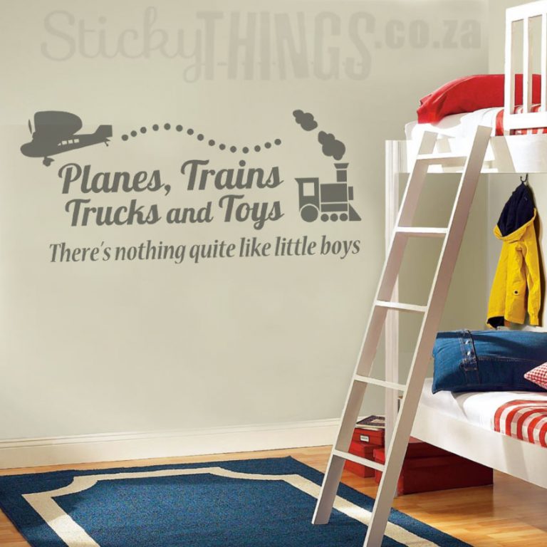 This Boys Wall Art Sticker says Planes trains trucks and toys, there's nothing quite like little Boys! It also have planes, trains, tucks and toys that come with the Boys Decal