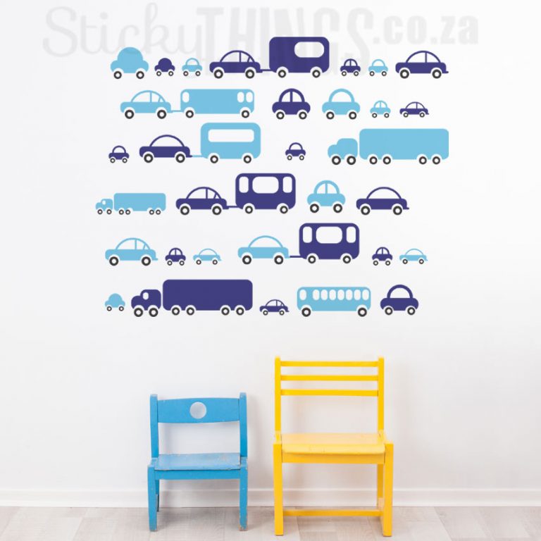 The Cars Wall Art Sticker is cars and truck decals stuck in 6 rows with black wheels