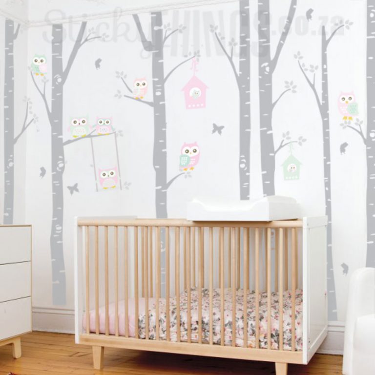 Owl Nursery Vinyl with 8 Birch Trees with 9 Teal and Dusty Pink Owls.