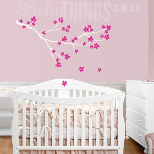 This Cherry Blossom Branch Wall Decal has a white branch with Raspberry Cerise Blossoms