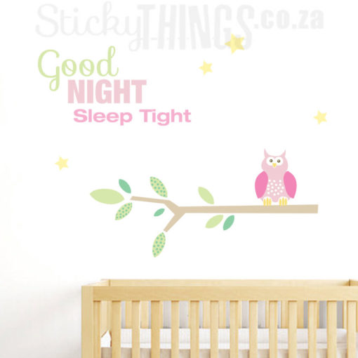 The Good Night Sleep Tight Decal is a cute owl decal sitting on a branch with Good Night Sleep Tight