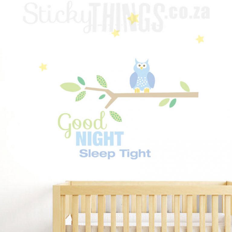 The Owl Branch Wall Decal is an owl on a branch stuck on a wall surrounded by stars and the words: Good Night Sleep Tight.