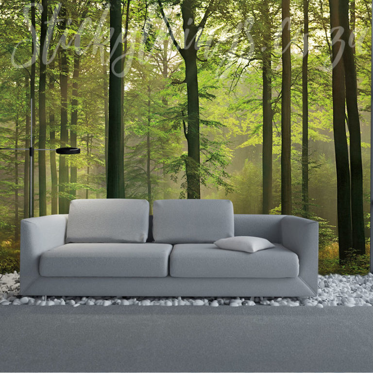 Green Forest Wall Mural on a living room wall