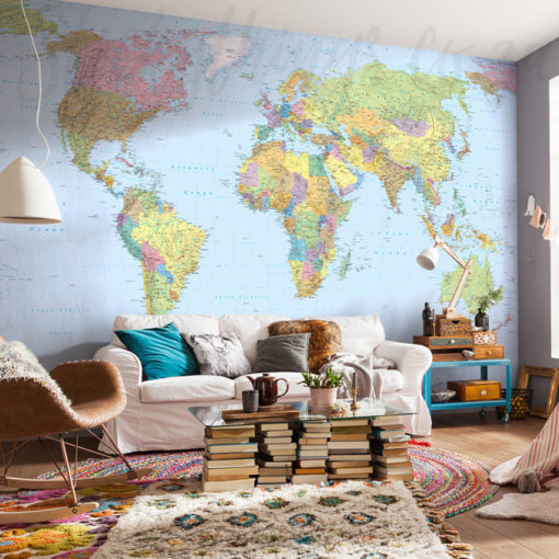 Giant World Map Wallpaper in a lounge