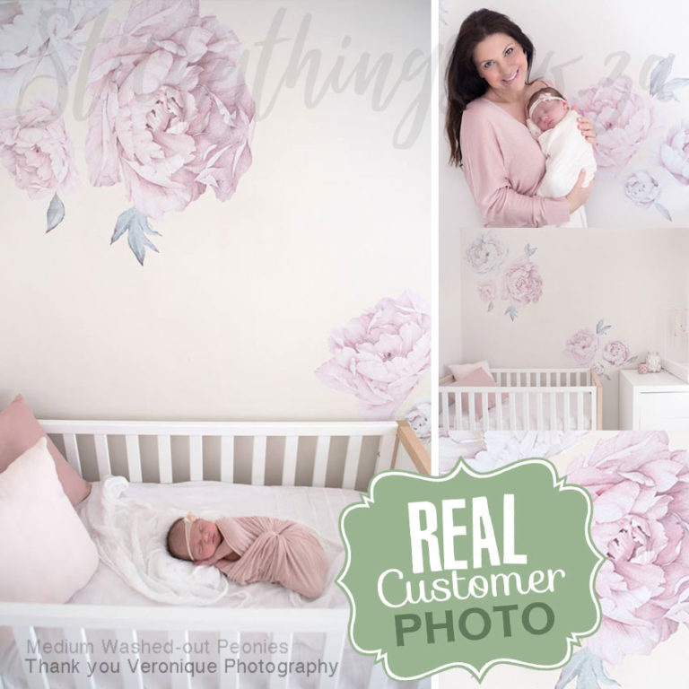 Light Coloured Washed-out Giant Peony Flowers Wall Sticker in a baby room. Thank you Veronique Photography.