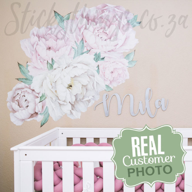 Baby Nursery with the Pink and Cream Peony Decal above the crib