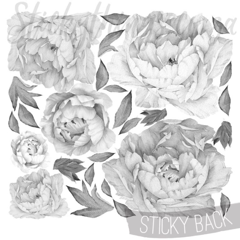 Sheet of Black and White Peony Wall Stickers showing the 6 flowers and various leaves