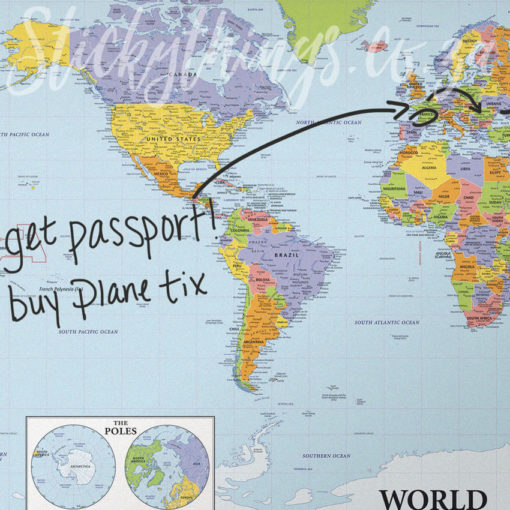 Dry Erase World Map Decal with notes on it