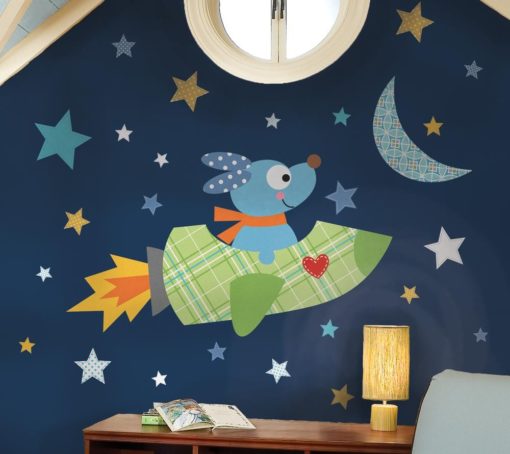 Rocket Stars and Moon Nursery Wall Decal in a bedroom