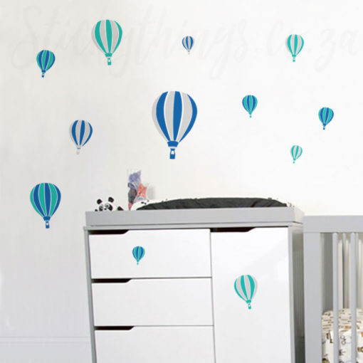 Hot Air Balloons Decals in blues in a Nursery
