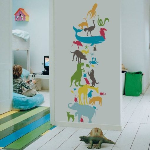 Peel and Stick Animal Tower Wall Decals on a Playroom Wall