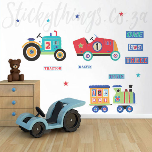 Car Train and Tractor Wall Sticker in a Playroom