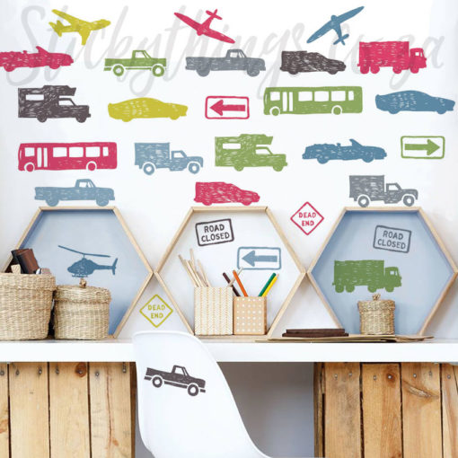 Transport Wall Decals on a wall above a Desk