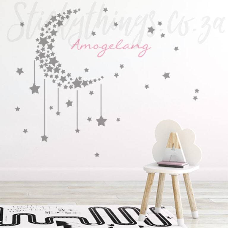 Personalised Moon Stars Wall Sticker in Dove Grey and Candy Floss