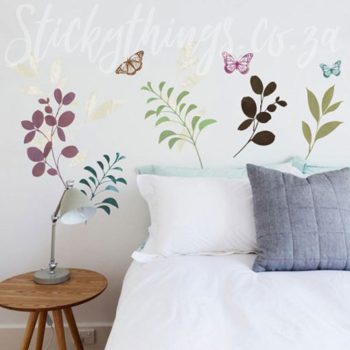 Branches Leaves Butterflies Wall Stickers Wall Stickers above a headboard in a bedroom