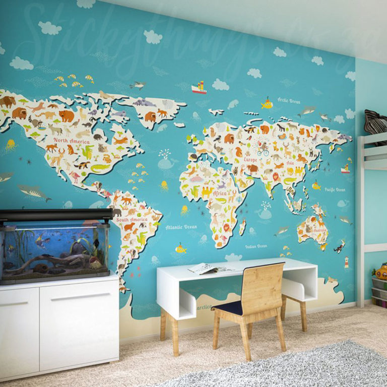 Animals of the World Mural in a kids bedroom