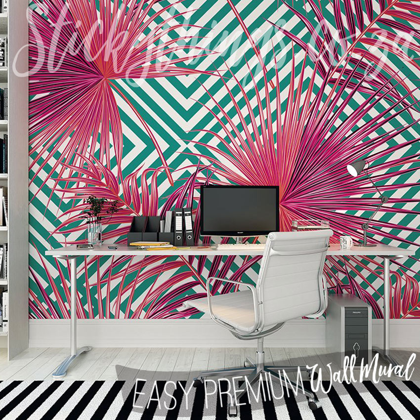 XL Pink Palm Leaf Wall Mural - Retro Popical Leaves Wall Mural