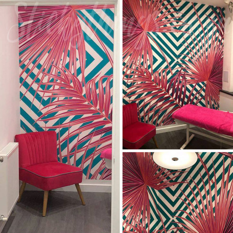 Pink Palm Leaf Wall Mural in a Salon