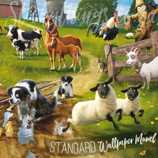 Close up of the sheep, horse, dog, cow and rooster in the Farm Animals Wall Mural